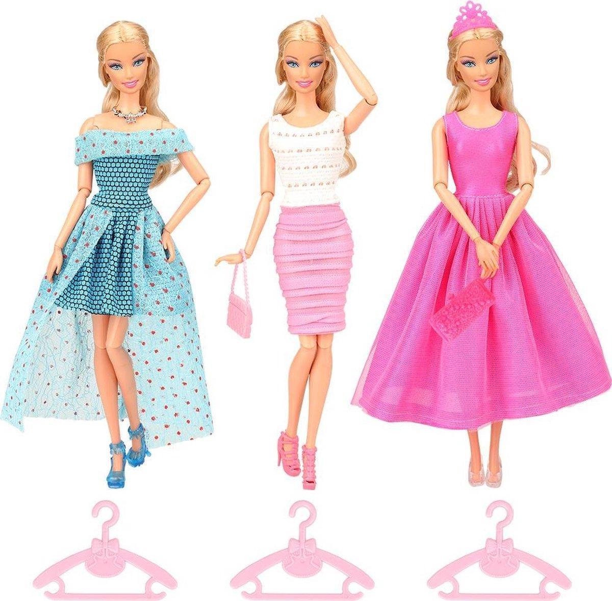 Dolldreams | 3x kleding en accessoires voor modepoppen met jurken, sieraden en schoenen - past op barbie